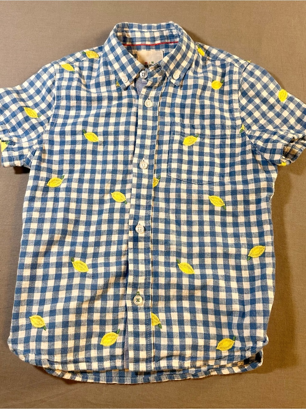 Mini Biden Blue Gingham Short-Sleeve Button-Up Shirt with Yellow Lemons